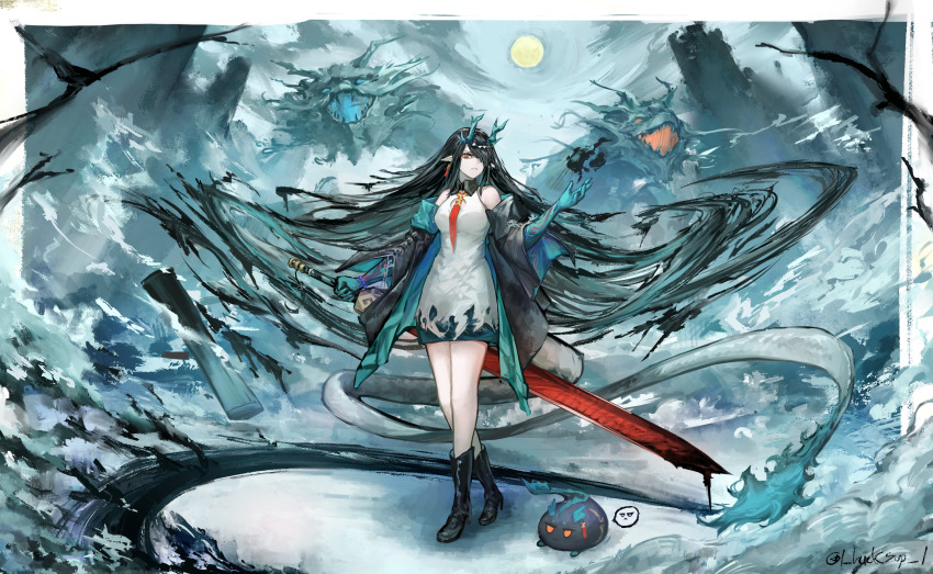 1girl, arknights, bead_bracelet, beads, black_hair, black_jacket, bracelet, colored_skin