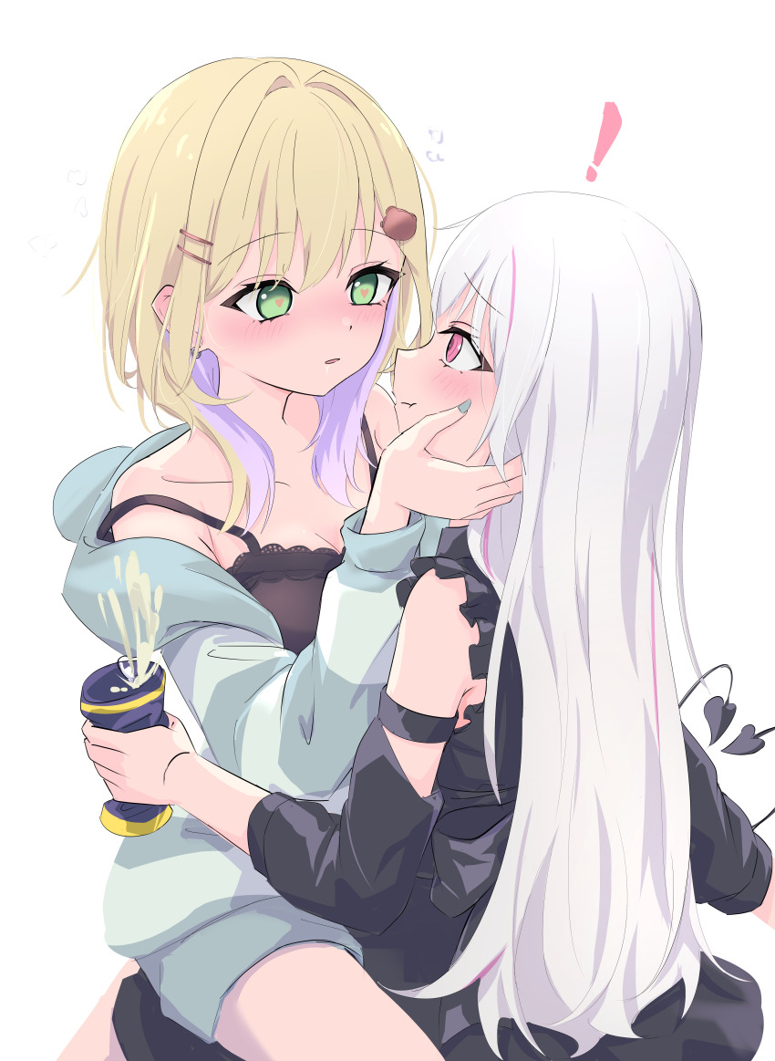 !, 2girls, absurdres, asumi_sena, bare_shoulders, black_camisole, black_dress, blonde_hair