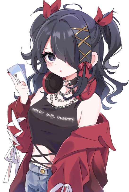 1girl, :o, ame-chan_(needy_girl_overdose), ame-chan_(nidiga_tozai)_(needy_girl_overdose), black_choker, black_eyes, black_hair, black_shirt, blue_shorts, bow, chain, chain_necklace, choker, clothes_writing, hair_bow, hair_ornament, hair_over_one_eye, headphones, headphones_around_neck, holding, holding_ticket, jacket, jewelry, kabe_(zp66104), long_hair, necklace, needy_girl_overdose, off_shoulder, official_alternate_costume, open_clothes, open_jacket, red_bow, red_jacket, shirt, shorts, simple_background, sleeveless, sleeveless_shirt, solo, ticket, two_side_up, white_background, x_hair_ornament