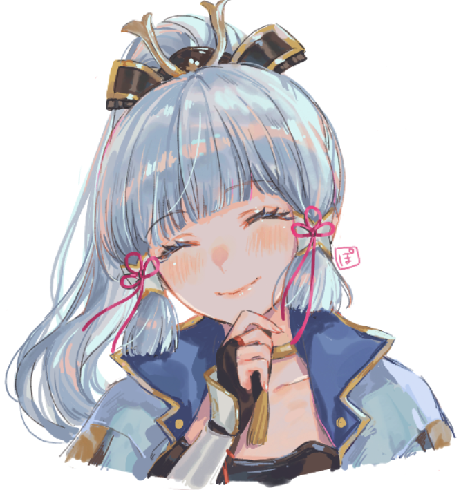 1girl, ayaka_(genshin_impact), black_gloves, blue_hair, blunt_bangs, blunt_tresses, closed_eyes, closed_mouth