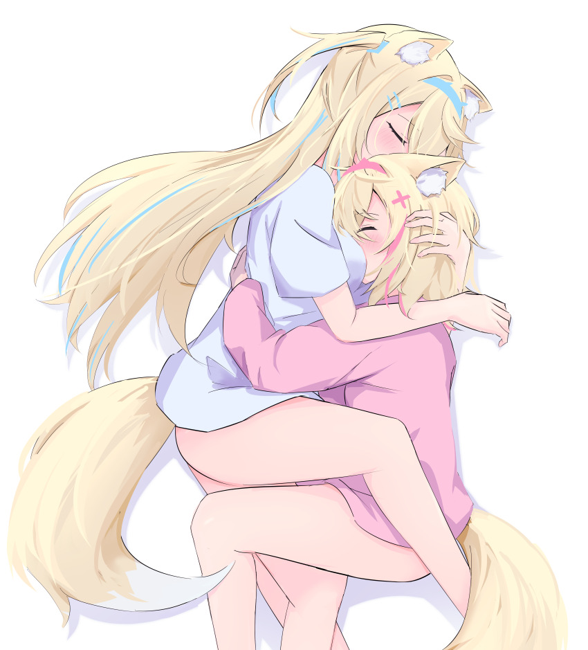 2girls, absurdres, animal_ear_fluff, animal_ears, blonde_hair, blue_hair, blush, bottomless, breasts, closed_eyes, dog_ears, dog_girl, dog_tail, enderslimek, fuwawa_abyssgard, hair_ornament, highres, hololive, hololive_english, hug, incest, long_hair, lying, mococo_abyssgard, multicolored_hair, multiple_girls, on_side, pink_hair, shirt, short_hair, siblings, sisters, streaked_hair, t-shirt, tail, twins, two_side_up, virtual_youtuber, white_background, white_shirt, x_hair_ornament, yuri