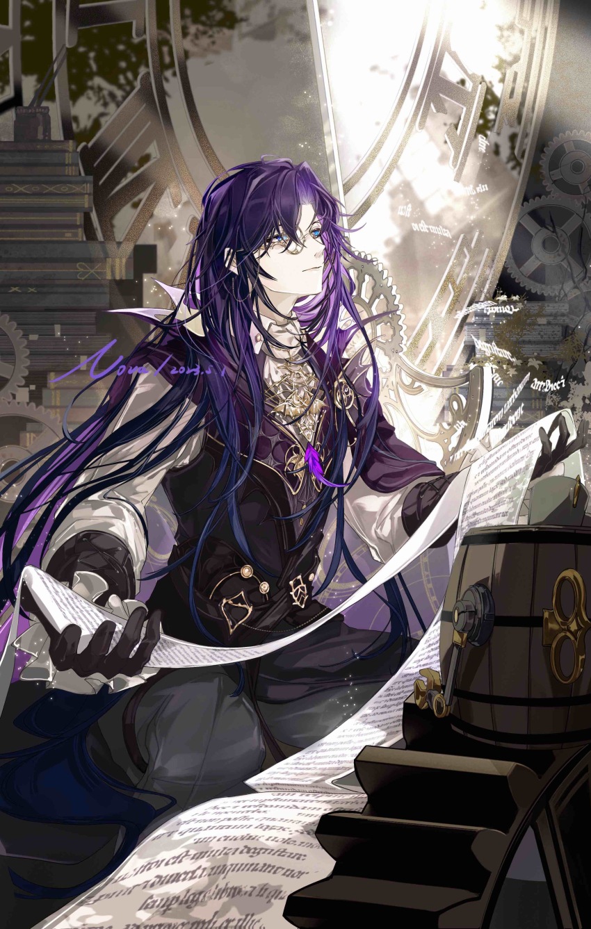 1boy, absurdres, analog_clock, arm_guards, artist_name, ascot, barrel, black_gloves