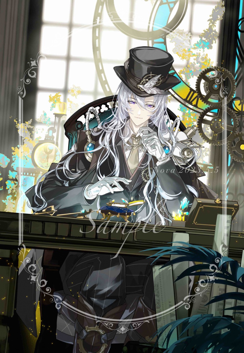 1boy, absurdres, asymmetrical_bangs, bird_hat_ornament, black_cape, black_hat, black_jacket, black_pants