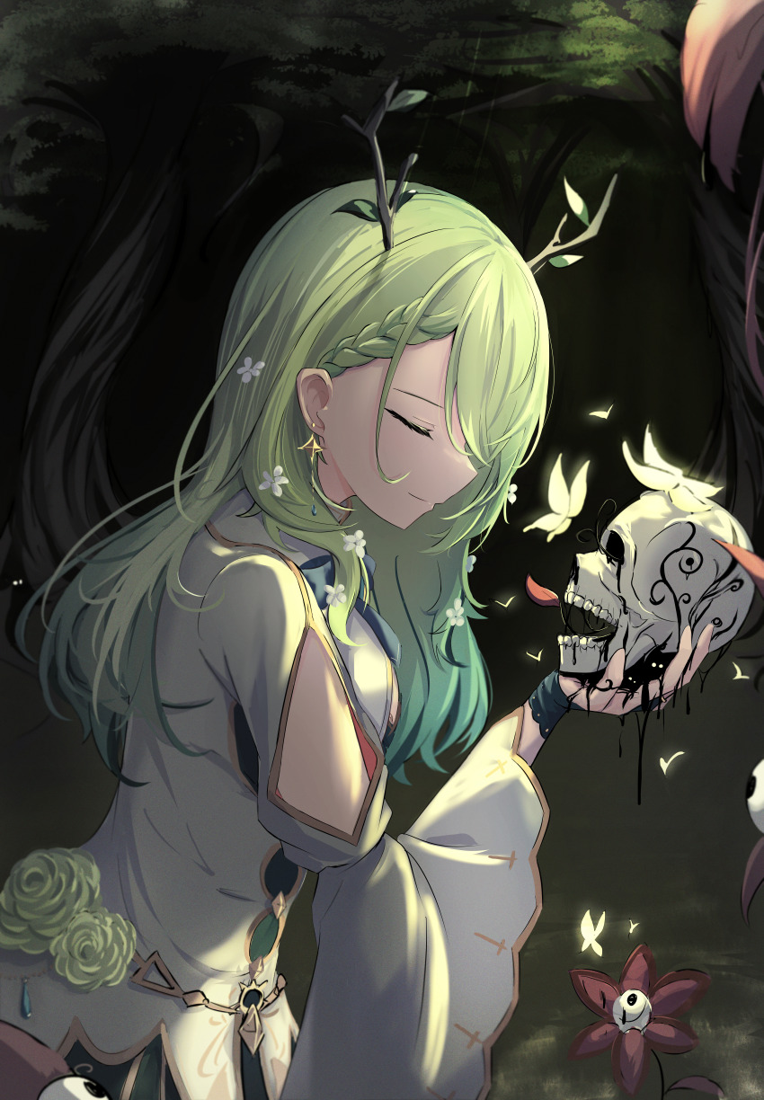 1girl, absurdres, antlers, braid, braided_bangs, branch, bug, butterfly