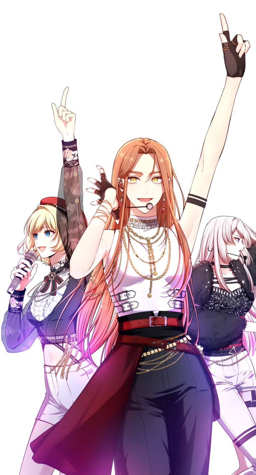 3girls, arm_up, armpits, arms_up, belt, beware_the_villainess, black_gloves, black_pants