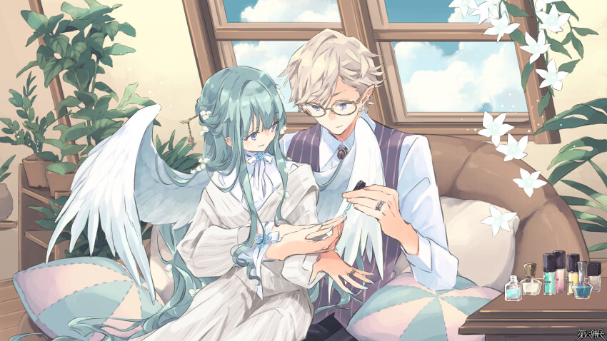 1boy, 1girl, cosmetics, couch, dairoku_ryouhei, flower, glasses, green_hair