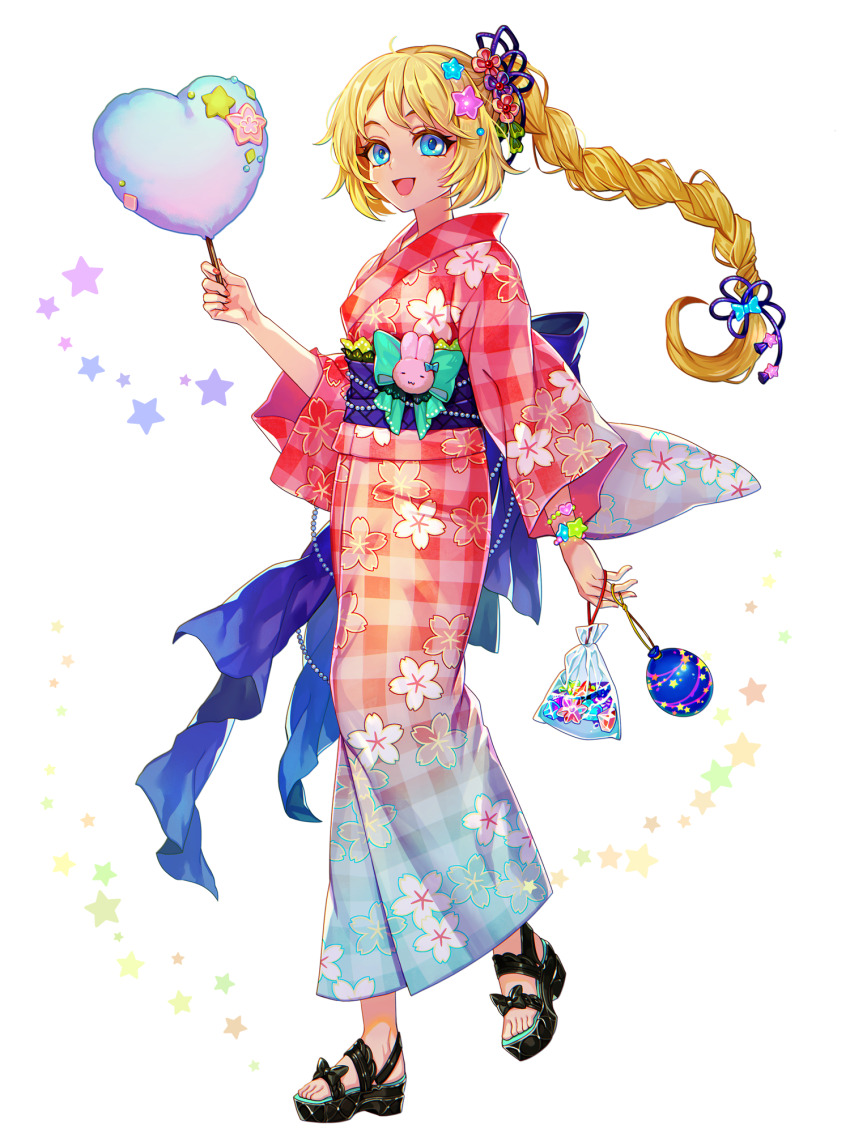 1girl, blonde_hair, blue_eyes, braid, cotton_candy, dairoku_ryouhei, floral_print, floral_print_kimono, flower, food, full_body, gradient_clothes, gradient_kimono, hachi_(tw), hair_flower, hair_ornament, highres, holding, holding_cotton_candy, holding_food, japanese_clothes, kimono, koisuru_suzurism, long_hair, low-tied_long_hair, obi, pink_kimono, print_kimono, ribbon, sandals, sash, solo, standing, star_(symbol), star_hair_ornament, transparent_background, very_long_hair, water_yoyo, white_background