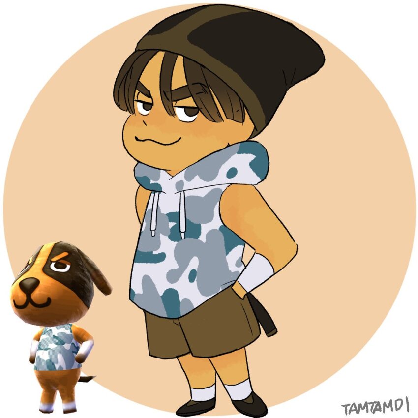 1boy, :3, animal_crossing, beanie, black_footwear, brown_hair, brown_hat, brown_shorts