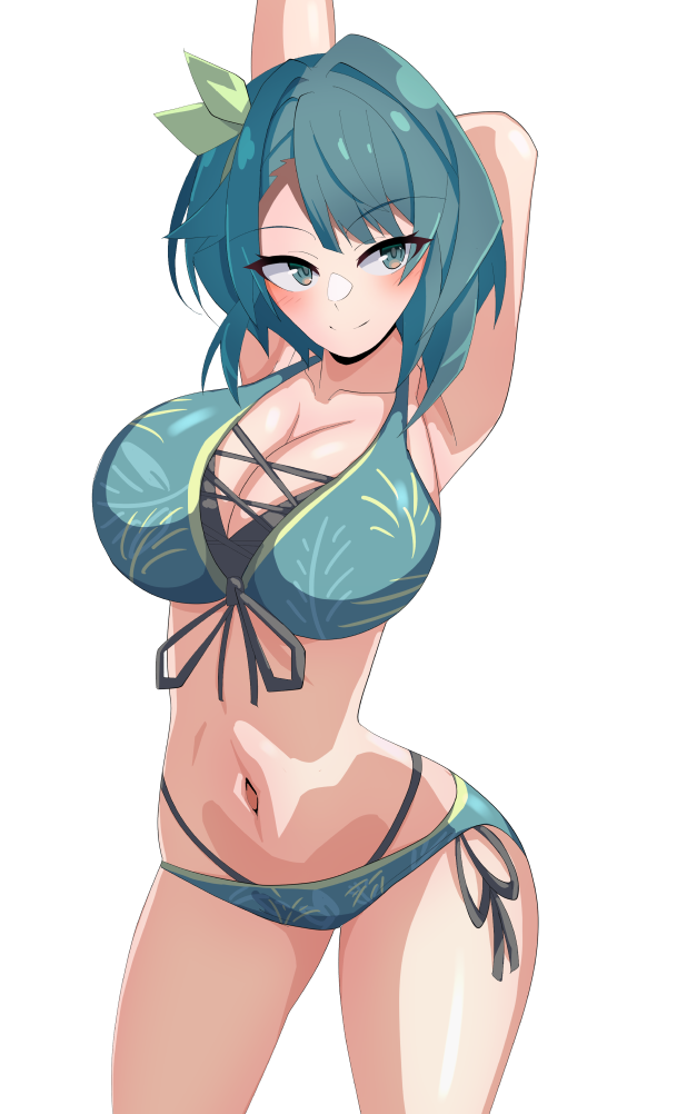 1girl, aizawa_kazuha, arm_behind_head, arms_up, assault_lily, asymmetrical_hair, bare_arms, bare_shoulders