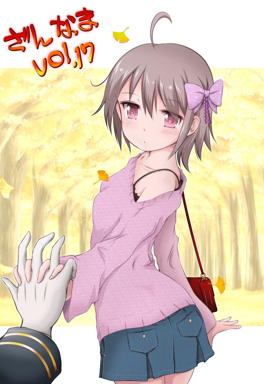 1girl, ahoge, bag, blush, bow, camisole, collarbone, commentary_request