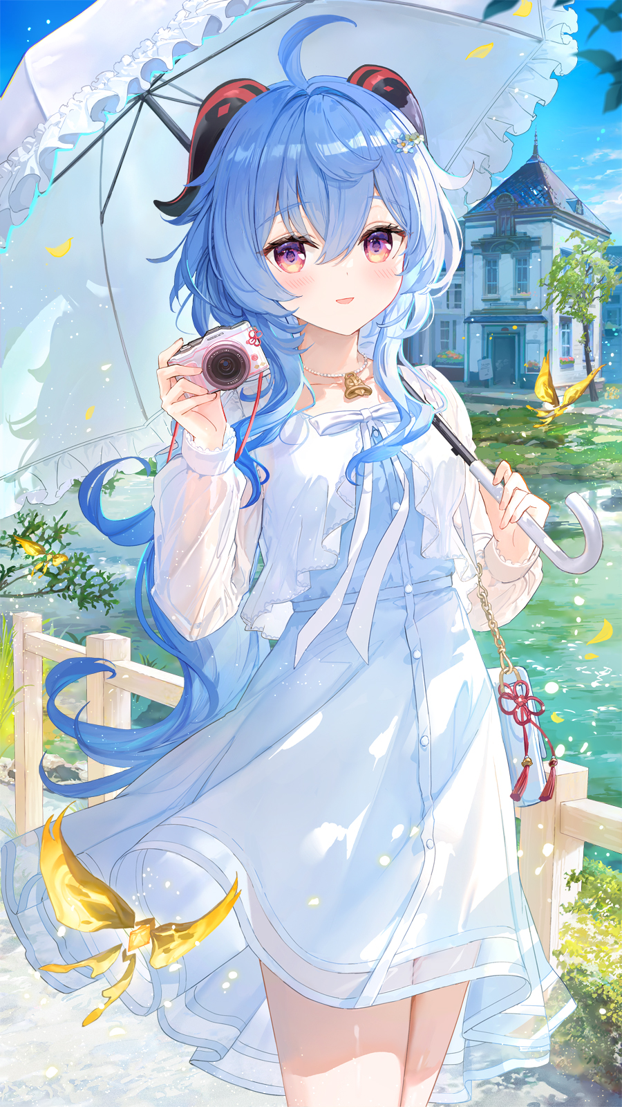 1girl, ahoge, bag, blue_hair, camera, dress, fuumi_(radial_engine), ganyu_(animate)_(genshin_impact)