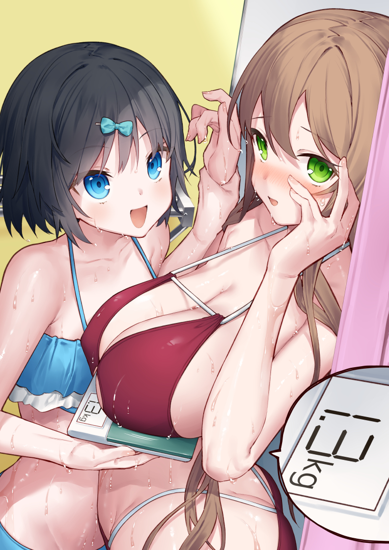 2girls, :d, bikini, black_hair, blue_bikini, blue_bow, blush, bow