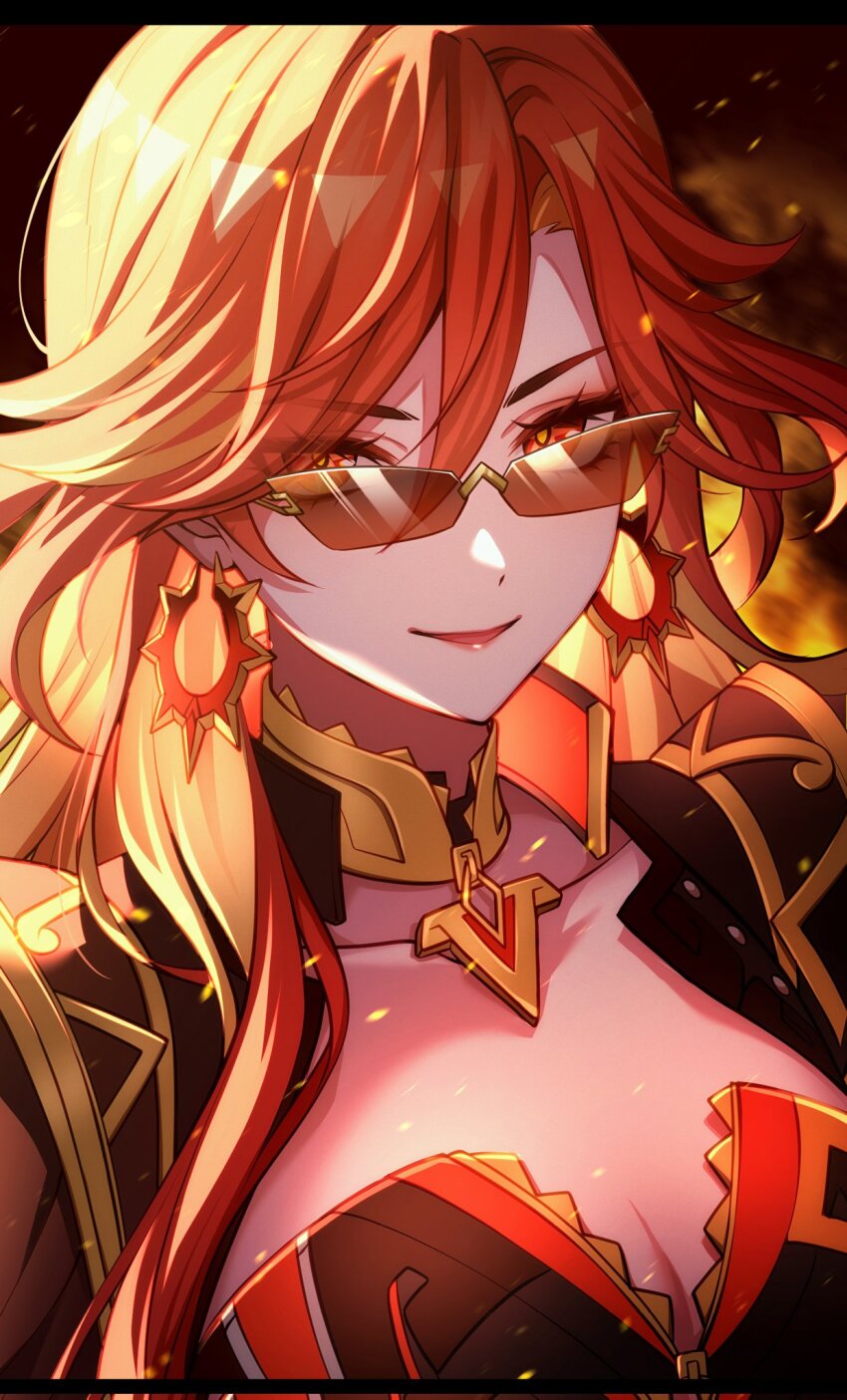 1girl, :d, breasts, cleavage, collarbone, commentary, corrupted_twitter_file, earrings