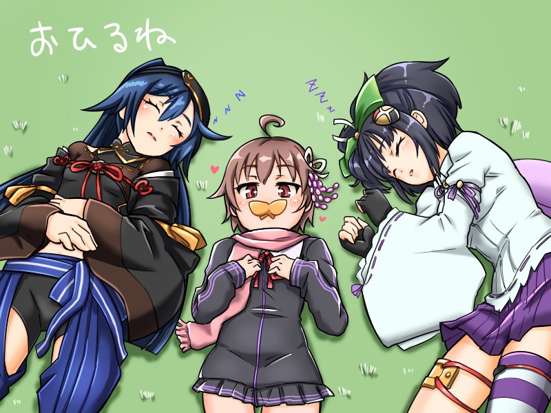 3girls, ahoge, black_hair, black_shirt, black_skirt, blue_hair, bow, brown_hair