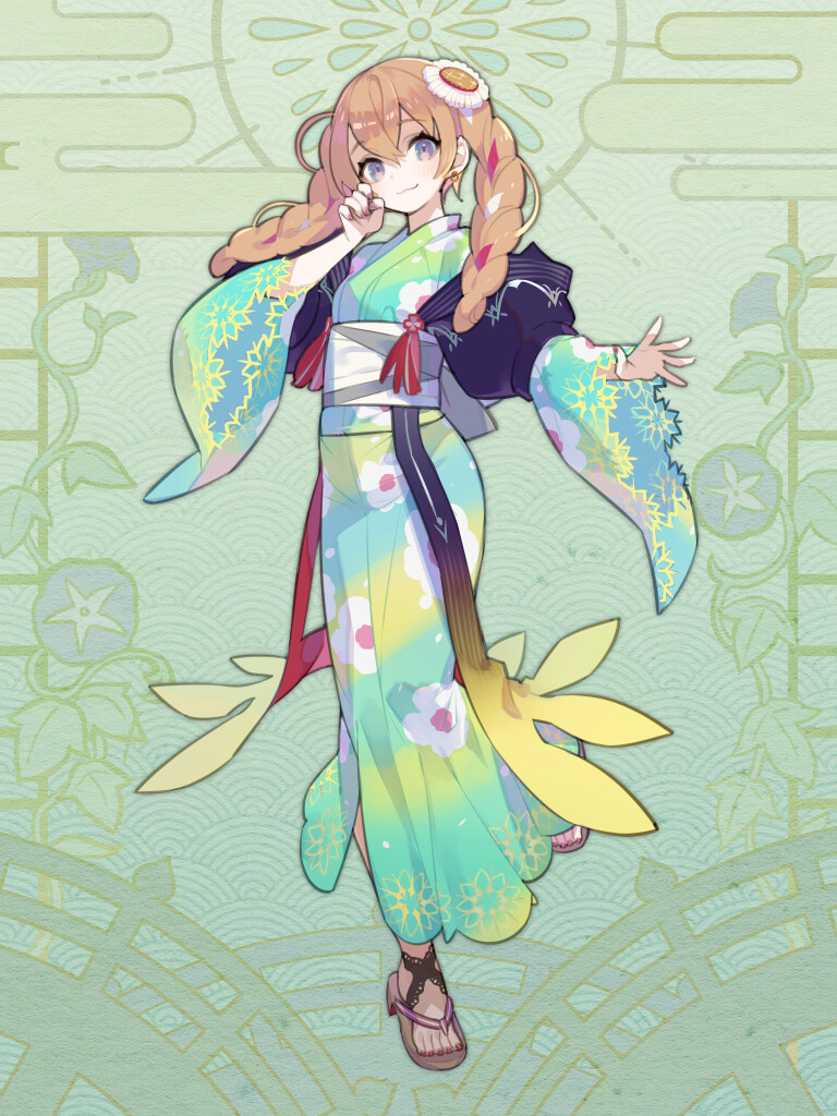 1girl, brown_hair, dairoku_ryouhei, earrings, floral_print, floral_print_kimono, flower, full_body