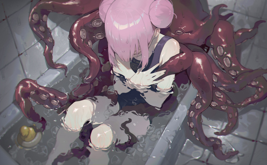 1girl, absurdres, bathroom, bathtub, bocchi_the_rock!, closed_eyes, double_bun, from_above