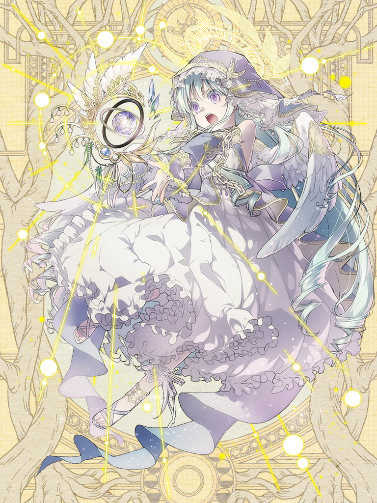 1girl, :o, armlet, bare_shoulders, chain, dairoku_ryouhei, detached_sleeves, dress, feathered_wings, green_hair, hood, jewelry, long_hair, magic, no_nm_00, orb, purple_eyes, sandals, solo, til_roeve, very_long_hair, white_dress, white_wings, wings, yellow_background