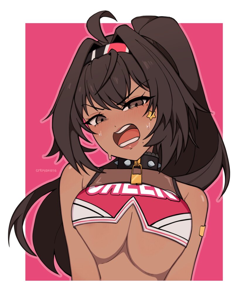 1girl, bay_(nikke), blush, border, breasts, brown_eyes, brown_hair, cheerleader