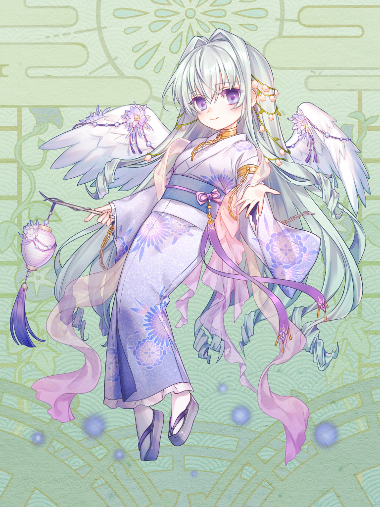 1girl, armlet, black_sandals, dairoku_ryouhei, floral_print, floral_print_kimono, flower, full_body