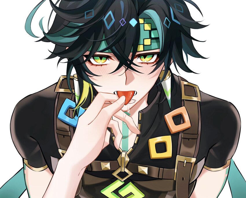 2boys, aqua_hair, arm_tattoo, black_hair, black_shirt, genshin_impact, green_eyes, hair_between_eyes