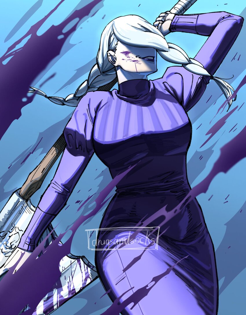 1girl, artist_name, axe, black_dress, blood, blood_on_face, blood_splatter, braid