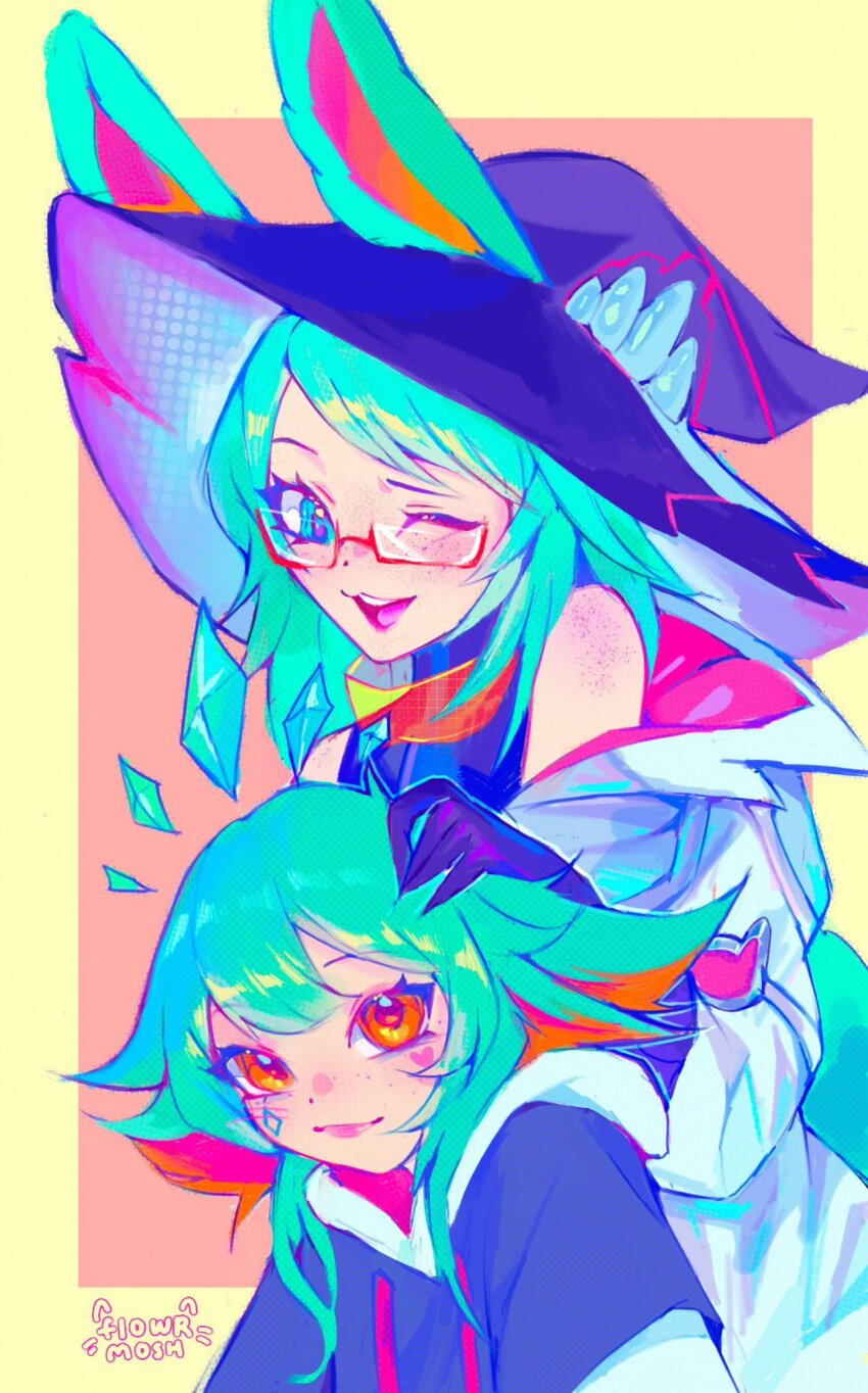 2girls, animal_ears, aqua_eyes, aqua_hair, artist_name, aurora_(league_of_legends), battle_bunny_aurora, border, colorful, commentary, english_commentary, gem, glasses, hand_on_another's_head, hat, highres, hood, hood_down, hoodie, k/da_neeko, knol_(flowrmosh), league_of_legends, medium_hair, multiple_girls, neeko_(league_of_legends), off_shoulder, one_eye_closed, open_mouth, orange_eyes, outside_border, rabbit_ears, rabbit_girl, red_background, smile