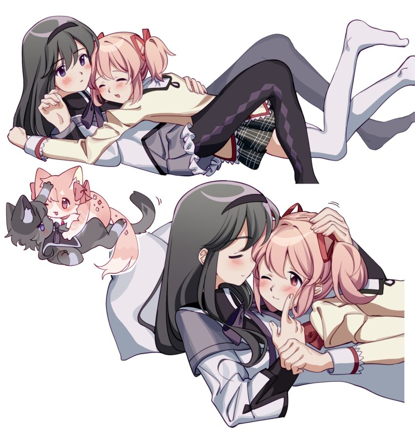 2girls, akemi_homura, akemi_homura_(magical_girl), animal, animalization, black_hair, blush, bow