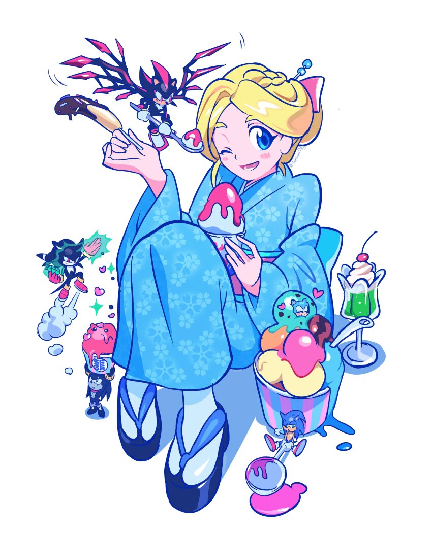 1girl, 5boys, absurdres, alternate_costume, alternate_hairstyle, animal_ears, animal_nose, blonde_hair