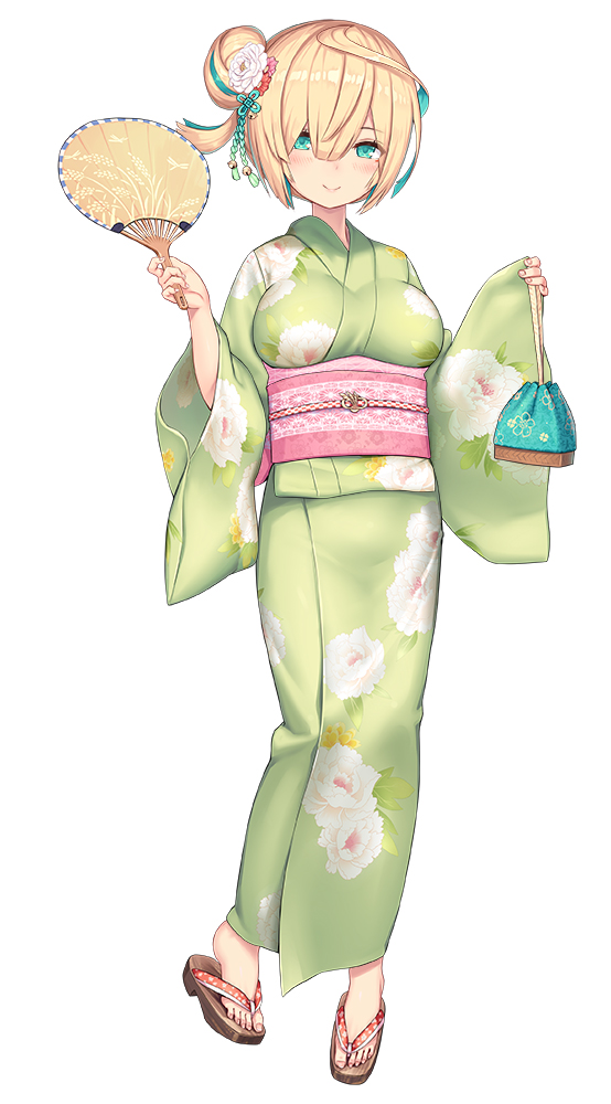 1girl, aqua_eyes, aqua_hair, blonde_hair, closed_mouth, commentary_request, floral_print, flower