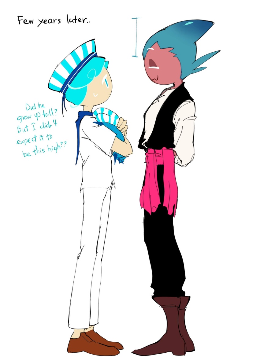 2boys, absurdres, aqua_eyes, aqua_hair, arms_behind_back, bandana, bandana_around_waist, black_pants
