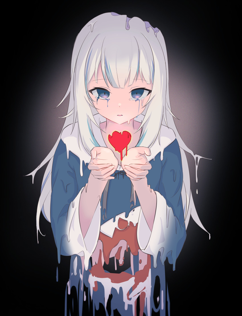 1girl, absurdres, animal_hood, black_background, blue_eyes, blue_hair, blue_hoodie, crying