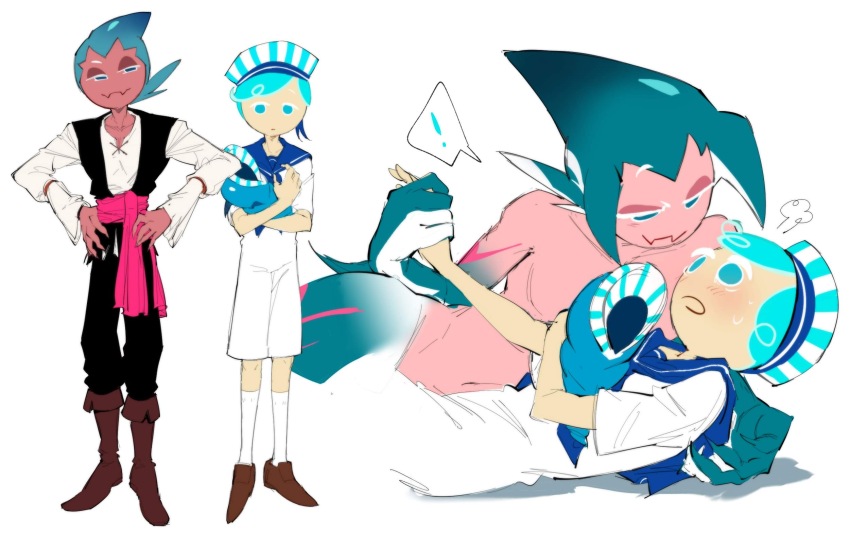 !, 2boys, aqua_eyes, aqua_hair, aqua_skin, aqua_tail, arm_fins, bandana