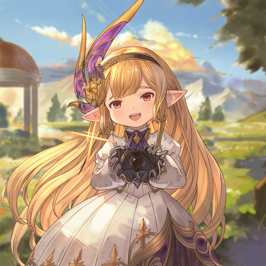 1girl, ascot, blonde_hair, brown_hairband, chocolate, earrings, gold_earrings, granblue_fantasy