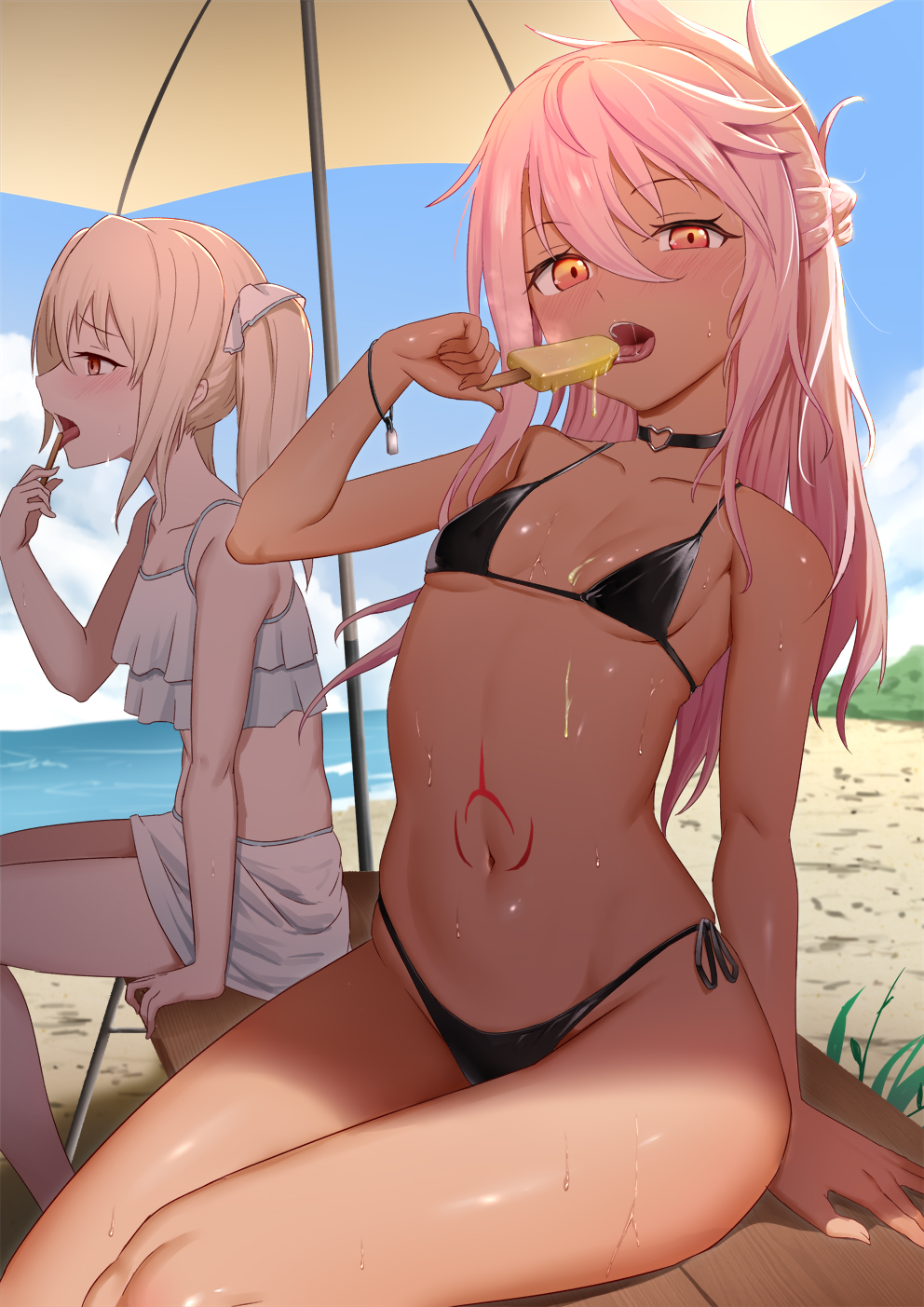 2girls, bare_shoulders, beach, beach_umbrella, bikini, blush, breasts, chloe_von_einzbern, choker, collarbone, dark-skinned_female, dark_skin, fate/kaleid_liner_prisma_illya, fate_(series), food, hair_bun, half_updo, highres, illyasviel_von_einzbern, long_hair, looking_at_viewer, mailixiang, multiple_girls, navel, open_mouth, orange_eyes, pink_hair, popsicle, red_eyes, shore, sidelocks, small_breasts, stomach_tattoo, sweat, swimsuit, tattoo, thighs, twintails, umbrella, white_hair