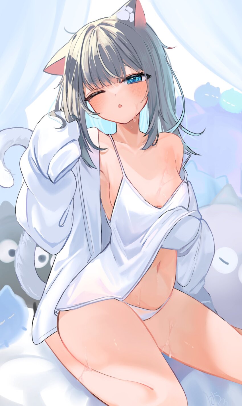 1girl, animal_ears, blue_eyes, breasts, cat_ears, cat_girl, cat_tail, commentary, grey_hair, haro_(1026_86), highres, indie_virtual_youtuber, light_blush, looking_at_viewer, nachoneko, navel, nightgown, no_bra, on_bed, one_eye_closed, open_mouth, panties, sitting, sleepwear, sleepy, small_breasts, solo, stuffed_toy, sweat, tail, underwear, virtual_youtuber, waking_up, wariza, white_nightgown, white_panties