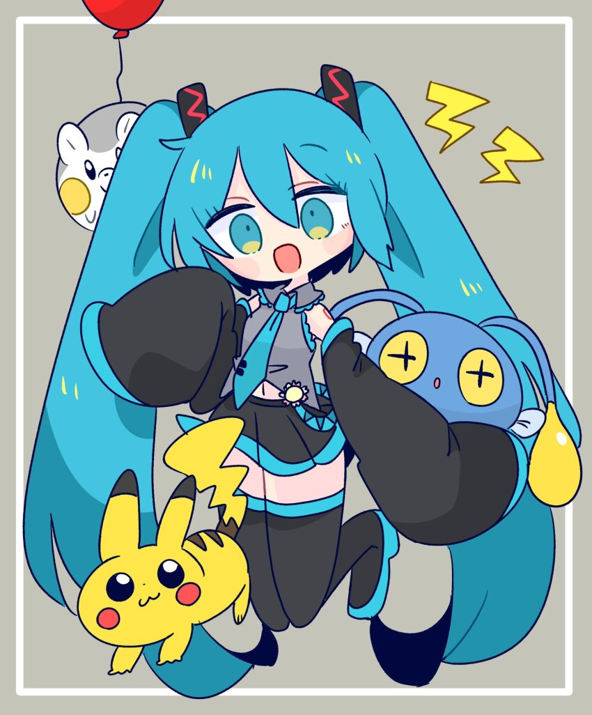 1girl, aqua_eyes, aqua_hair, aqua_necktie, aqua_shoes, aqua_trim, balloon, black_skirt