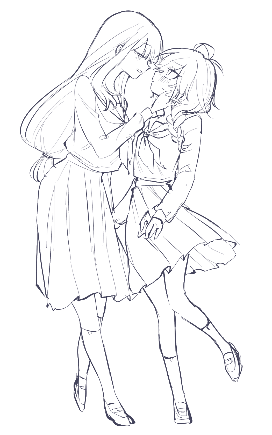blush, braid, genderswap, genderswap_(mtf), grabbing_another's_chin, hand_on_another's_chin, highres, koshotengai_no_hashihime, lineart, loafers, long_hair, mamimu_memo0, minakami_(koshotengai_no_hashihime), neckerchief, pleated_skirt, sailor_collar, school_uniform, shoes, sketch, skirt, tamamori_(koshotengai_no_hashihime), yuri