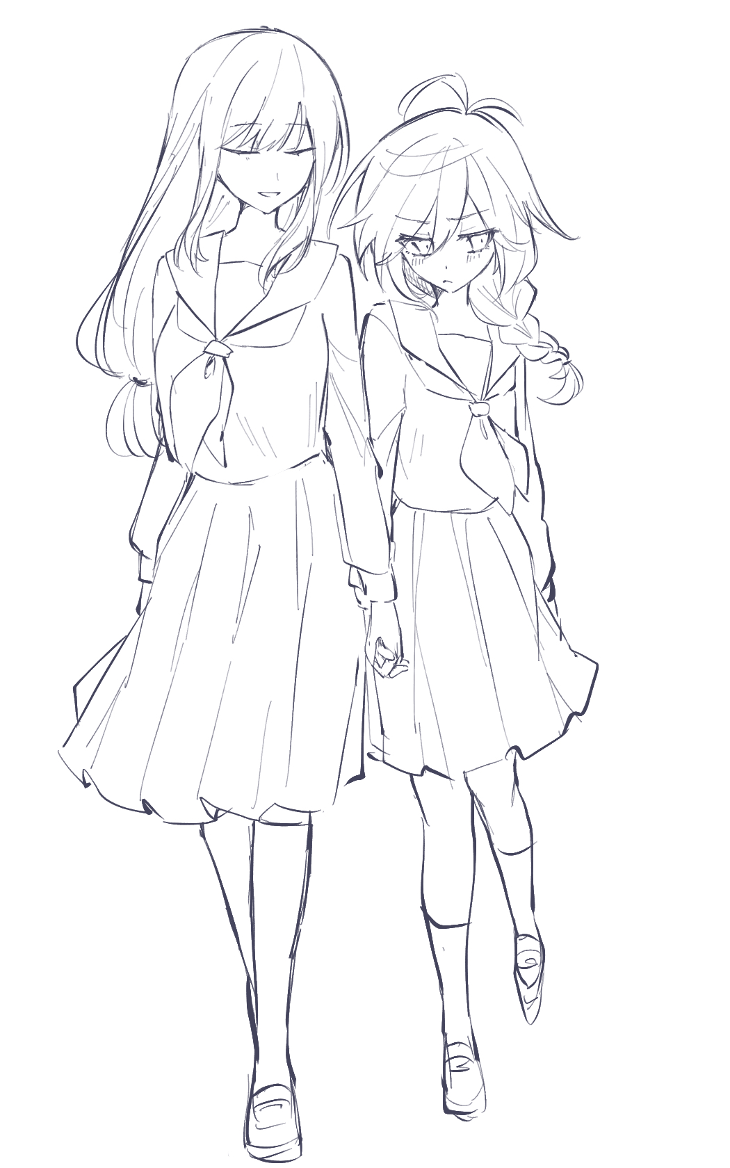 blush, braid, genderswap, genderswap_(mtf), highres, holding_hands, koshotengai_no_hashihime, lineart