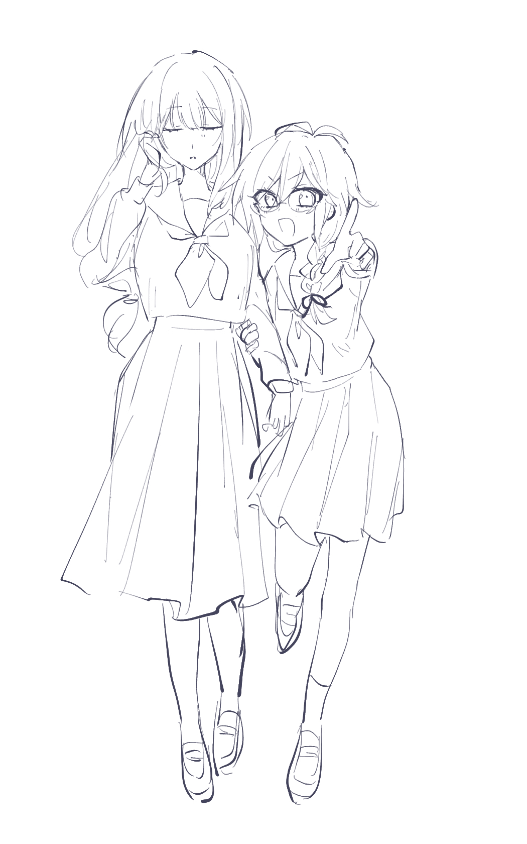 braid, genderswap, genderswap_(mtf), grabbing_another's_arm, hand_in_own_hair, highres, koshotengai_no_hashihime, lineart