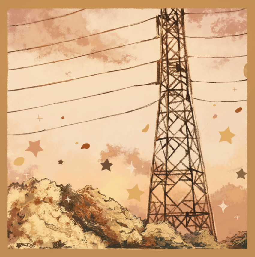 border, brown_border, brown_sky, brown_theme, bush, cloud, cloudy_sky, day, dots, highres, hill, landscape, millefobi, monochrome, no_humans, original, outdoors, power_lines, scenery, sepia, signature, sketch, sky, sparkle, star_(symbol), transmission_tower