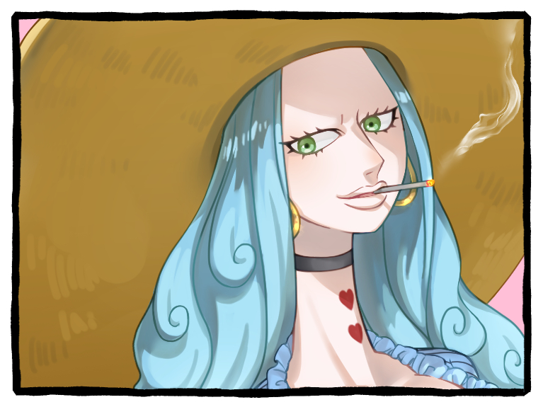 1girl, black_choker, blue_hair, charlotte_amande, choker, cigarette, close-up, commentary_request, earrings, eyelashes, green_eyes, heart, hoop_earrings, jewelry, large_hat, long_hair, looking_to_the_side, neck_tattoo, no_eyebrows, one_piece, rsk_rasukuman, smile, smoke, solo, tattoo