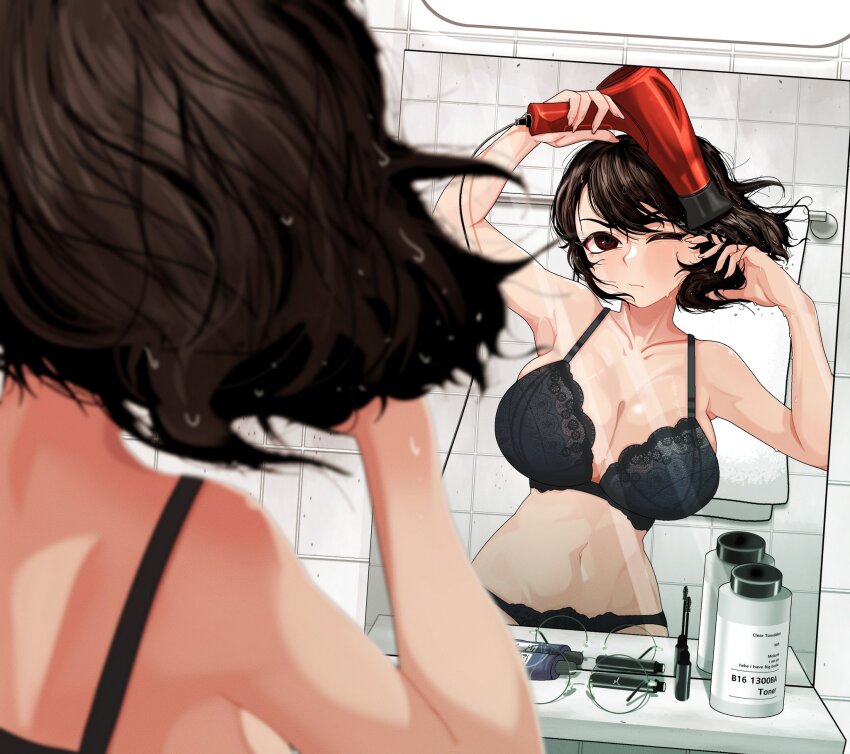 1girl, bathroom, black_bra, black_panties, blurry, blurry_foreground, bottle, bra