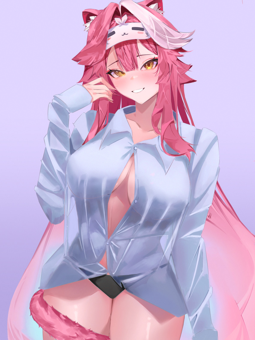 1girl, absurdres, alternate_costume, animal_ear_fluff, animal_ears, arm_at_side, artist_name, ayavi, black_panties, blue_shirt, blush, breasts, collarbone, collared_shirt, commentary, eyeshadow, grin, hair_between_eyes, hair_intakes, hand_up, highres, hololive, hololive_english, large_breasts, linea_alba, long_hair, long_sleeves, looking_at_viewer, makeup, mask, mask_on_head, multicolored_hair, no_bra, panther_ears, panther_girl, panther_tail, panties, pink_eyeshadow, pink_hair, pink_tail, purple_background, raora_panthera, shirt, signature, simple_background, sleep_mask, sleeves_past_wrists, smile, solo, streaked_hair, tail, thighs, two-tone_hair, underwear, virtual_youtuber, yellow_eyes