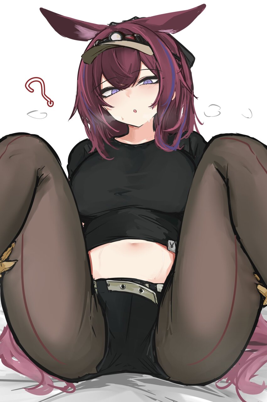 1girl, :o, ?, absurdres, animal_ears, arknights, belt, black_shirt