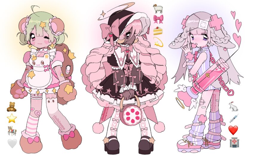 3girls, adoptable, ahoge, animal_ear_legwear, animal_ears, animal_hands, apron, arm_belt