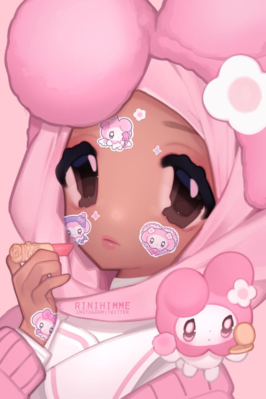 2girls, animal_ears, artist_name, brown_eyes, chibi, chibikemo, close-up, commentary