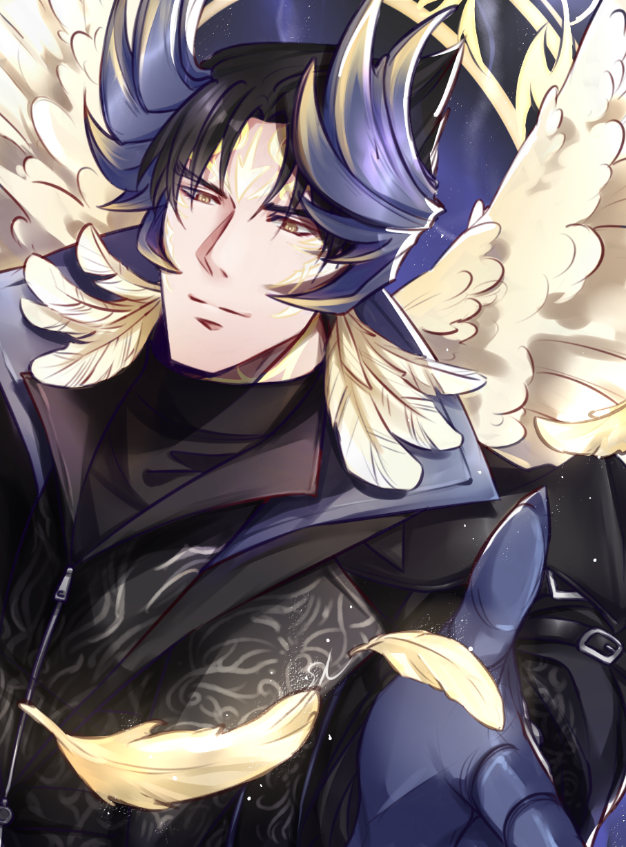 1boy, angel_jin, angel_wings, feathers, gold_feathers, gold_wings, highres, kazama_jin