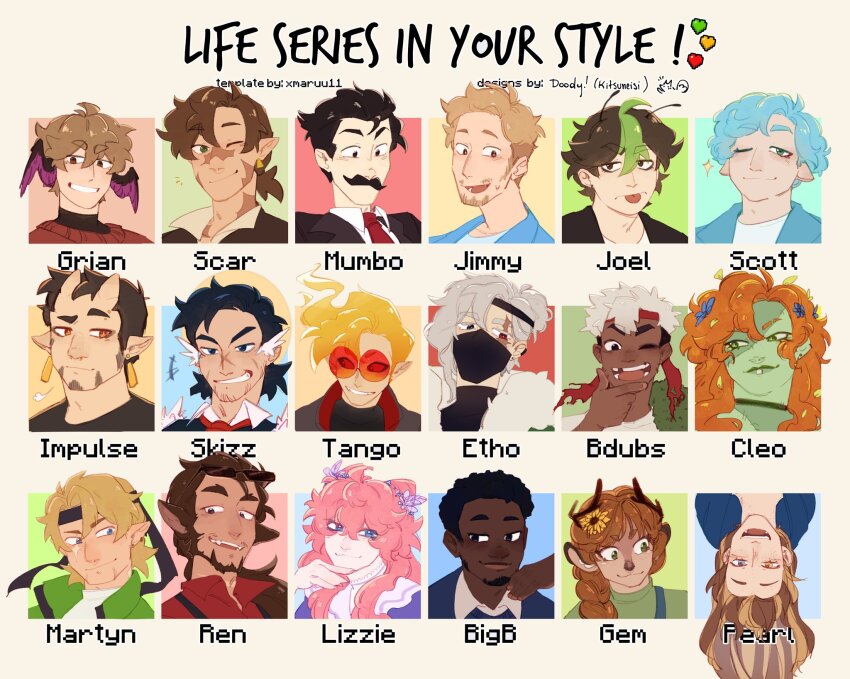 4girls, 6+boys, :3, animal_ears, animal_nose, antlers, bdoubleo100, bdoubleo100_(boomer), bdoubleo100_(moss_boy), beard, bigbst4tz2, bird_boy, bird_wings, black_hair, blonde_hair, blue_eyes, blue_hair, braid, brown_hair, character_name, colored_skin, commentary, dark-skinned_male, dark_skin, deer_antlers, deer_ears, deer_girl, dog_boy, dog_ears, double_bun, english_commentary, ethoslab, everyone, facial_hair, fiery_hair, furry, furry_female, geminitay, goodtimeswithscar, green_eyes, green_hair, green_jacket, green_skin, grian_(youtuber), grin, hair_bun, head_wings, headband, highres, horns, impulsesv, indie_virtual_youtuber, inthelittlewood, inthelittlewood_(datastream_defender), jacket, kitsuneisi, ldshadowlady, light_brown_hair, lips, long_hair, mask, medium_hair, minecraft_youtube, mouth_mask, multicolored_hair, multiple_boys, multiple_drawing_challenge, multiple_girls, mumbo_jumbo_(youtuber), one_eye_closed, open_clothes, open_jacket, orange_hair, pearlescentmoon, pink_hair, pointy_ears, ponytail, red_headband, rendog, round_eyewear, scar, short_hair, sideburns, single_braid, single_hair_bun, skizzleman, smajor1995, smallishbeans, smile, solidaritygaming, streaked_hair, sunglasses, tan, tangotek, tinted_eyewear, tooth_gap, traffic_life_series, upside-down, very_long_hair, virtual_youtuber, white_hair, wings, yogscast, zombie, zombiecleo