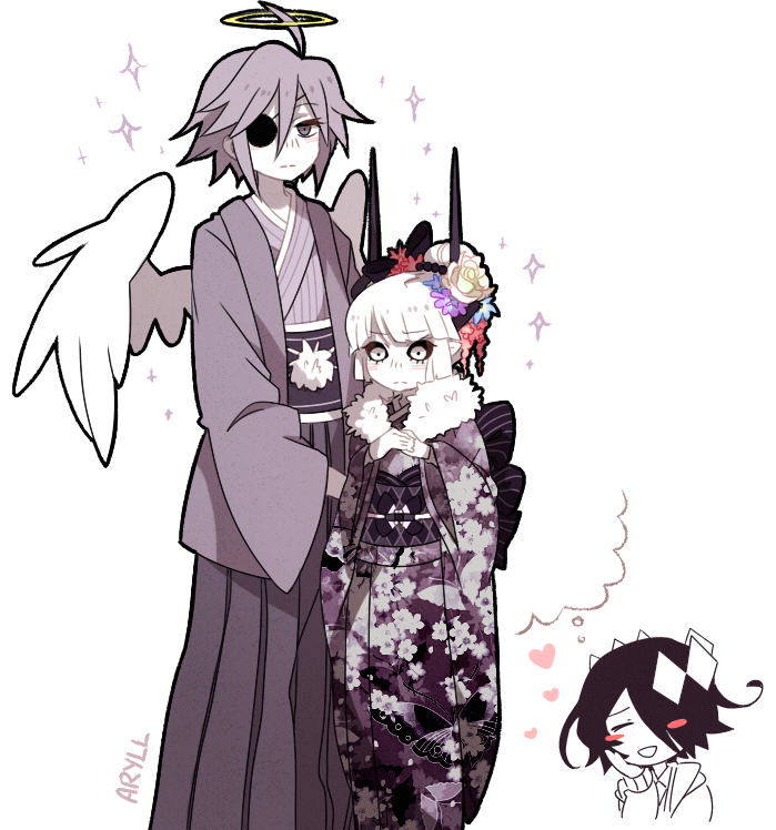 1girl, 2boys, angel, angel_wings, artist_name, aryll_(marbles), black_outline, black_sclera