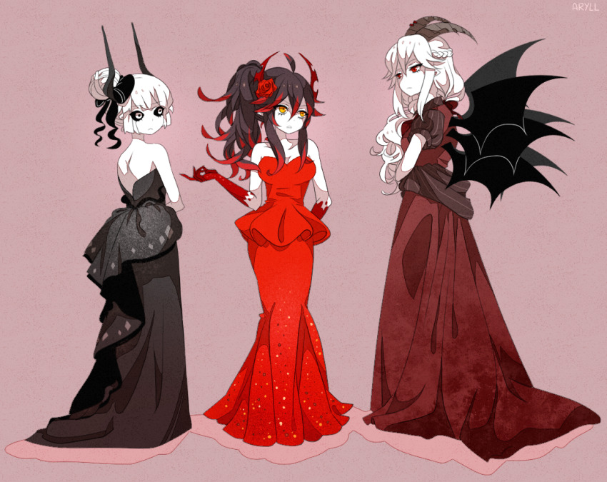 3girls, artist_name, aryll_(marbles), black_dress, black_hair, black_horns, black_sclera, black_wings